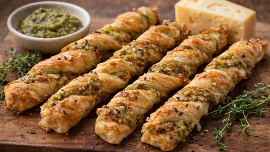 Štapići od lisnatog testa sa pestom i sirom